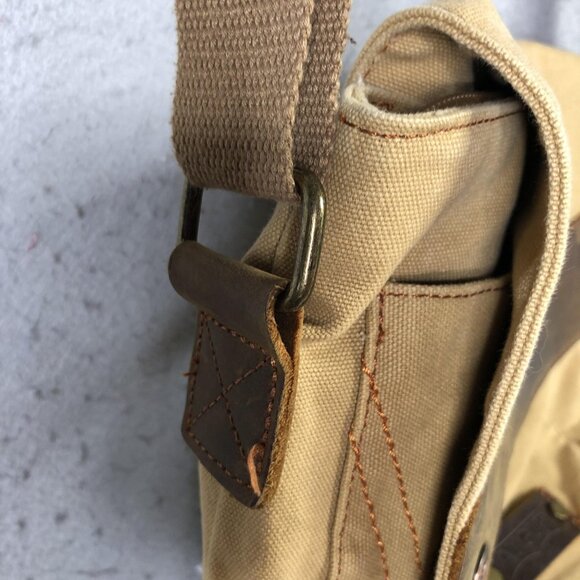AUGUR Messenger Bag Mens Medium Beige Canvas Leather Crossbody Shoulder Casual - Picture 8 of 16